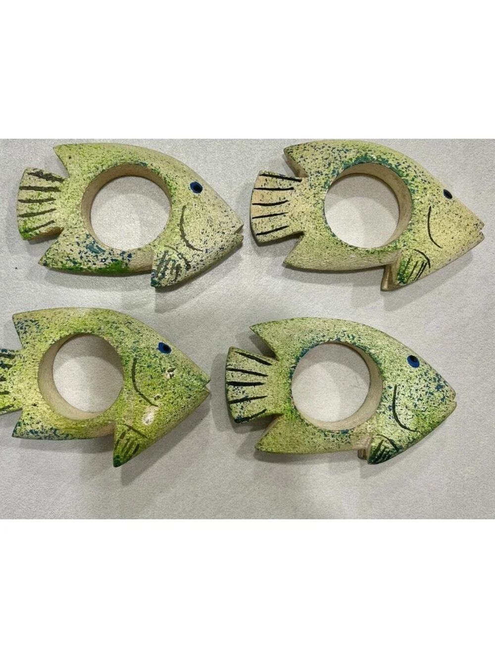 Fish Napkin Holders Rings Wooden, Tropical Fish Hand Painted Green - Set of 4